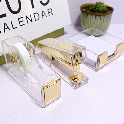 Office Stationery Supplies Set Custom Acrylic Furniture / Acrylic Fancy Tape Dispenser And Stapler