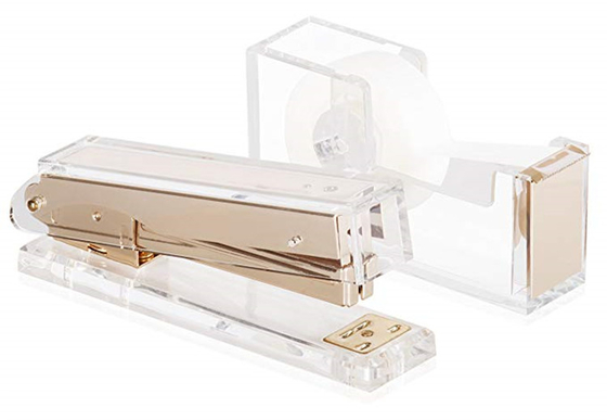 Office Stationery Supplies Set Custom Acrylic Furniture / Acrylic Fancy Tape Dispenser And Stapler